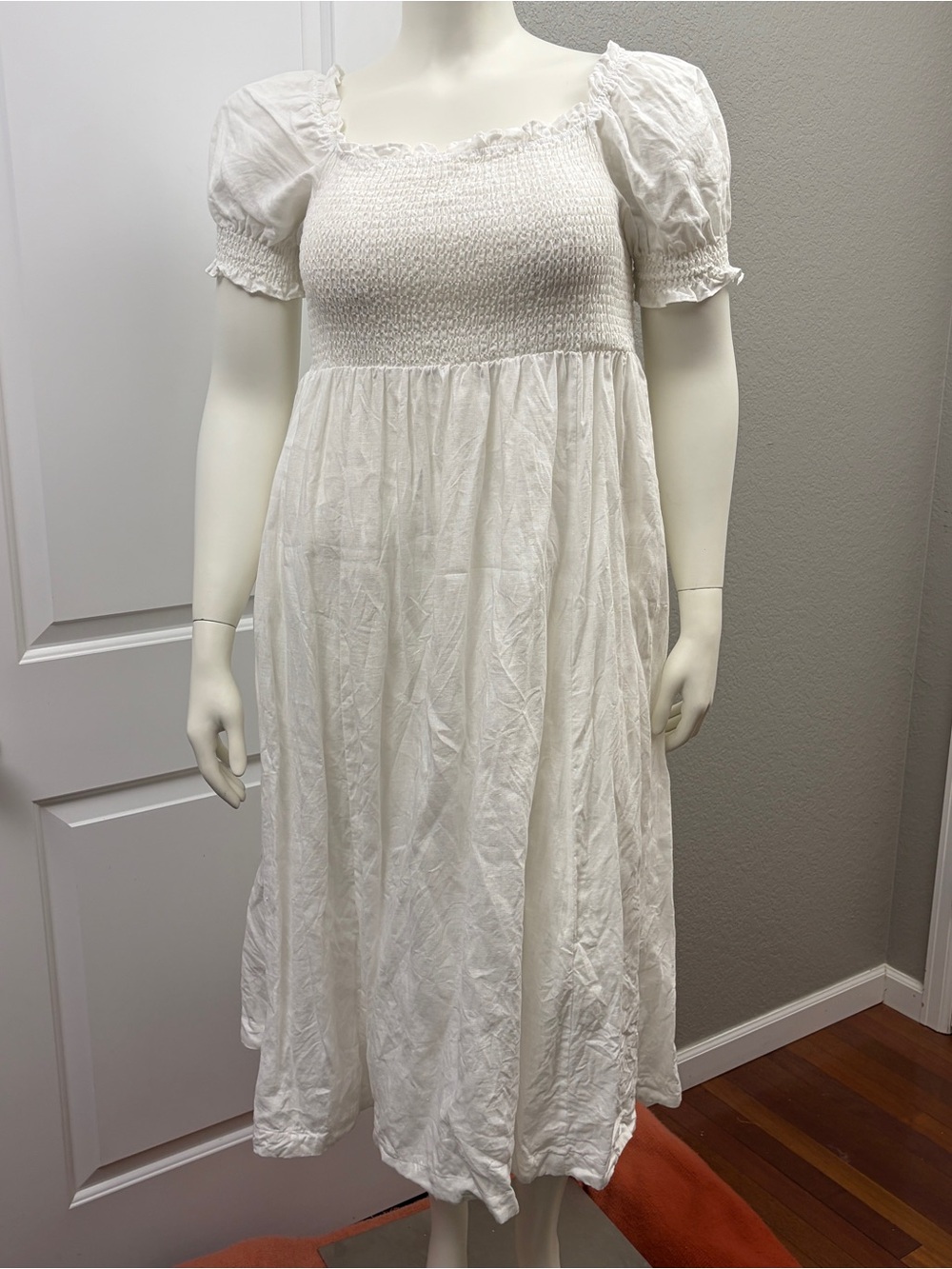 Boden White Smocked Midi Linen Dress with Puff Sleeves - Size 12